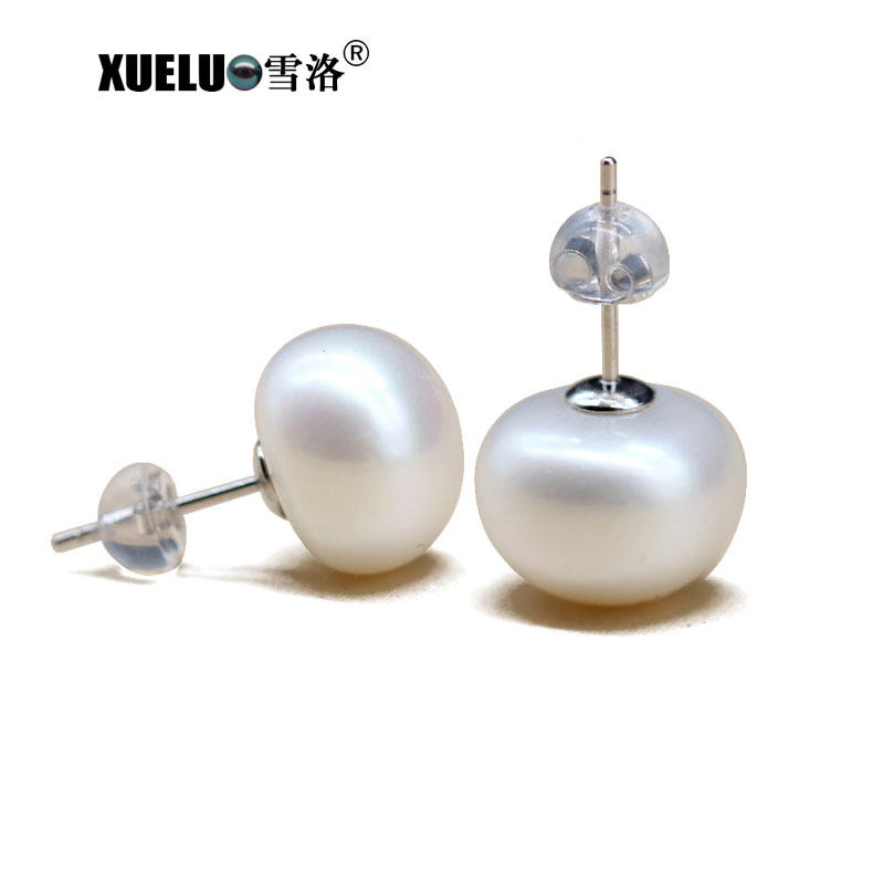 Pearl Jewelry Big Button Round Chinese Cultured Freshwater Pearl Stud Earrings (XL140199)