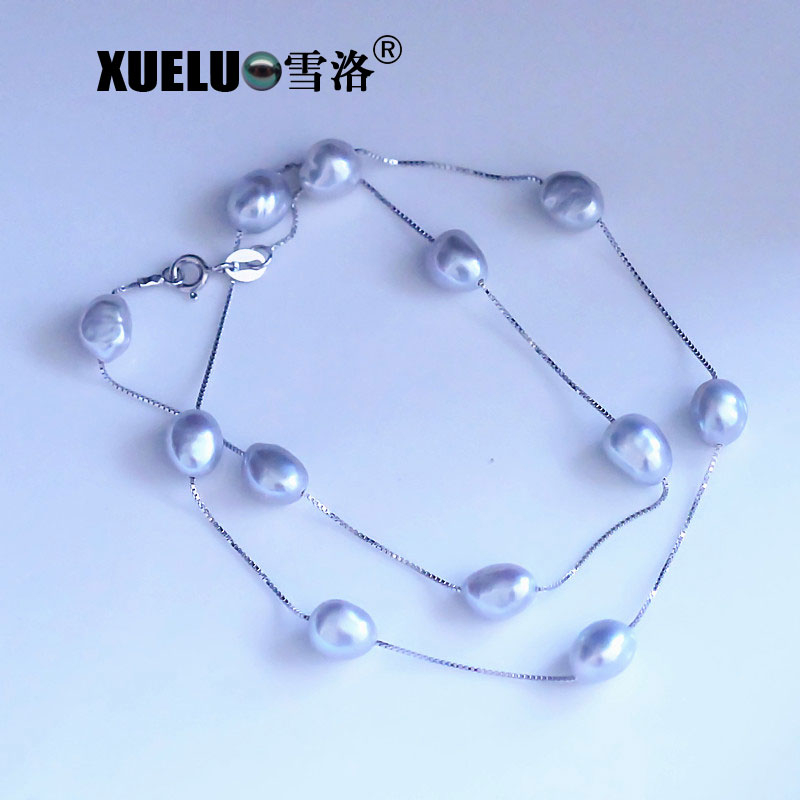 Silver Jewelry Sweet Grey Baroque Natural Cultured Fresh Water Pearl Necklace (XL120060)