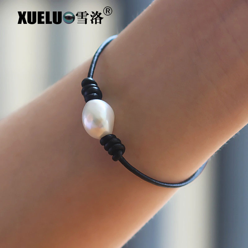 Real Leather Natural Genuine Cultured Freshwater Baroque Pearl Bracelet(XL150009)