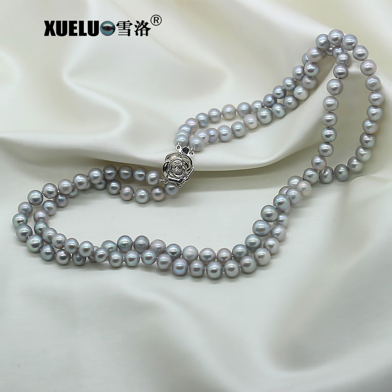 Double Strands Round Grey Natural Cultured Freshwater Pearl Necklace (XL120078)