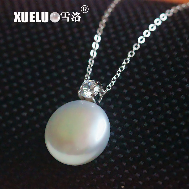 925 Sterling Silver Baby Blue Coin shape Freshwater Pearl Pendant Necklace（XL120020)
