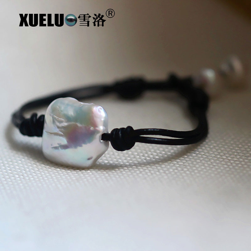 Real Leather Large Square Natural Cultured Freshwater Baroque Pearl Bracelet(XL150010)