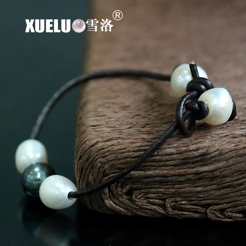 Leather Oval Shape Chinese Cultured Freshwater Pearl Bracelet (XL150087)
