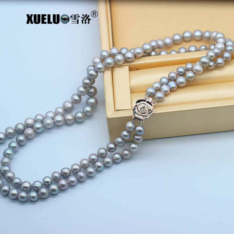 Double Strands Round Grey Natural Cultured Freshwater Pearl Necklace (XL120078)