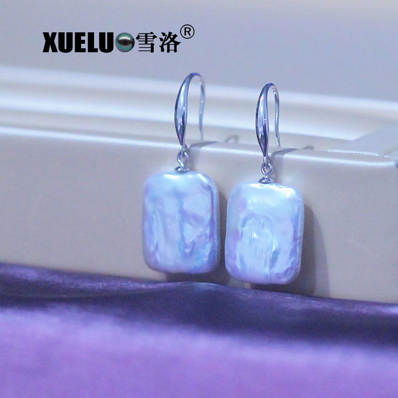 Sterling Silver Square Baroque Genuine Natural Cultured Freshwater Pearl Drop Earrings（XL140154）