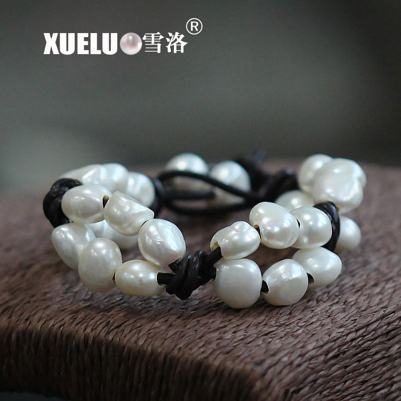 Leather White Baroque Chinese Cultured Freshwater Pearl Bracelet (XL150048)