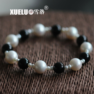Stretch Round Natural Chinese Cultured Freshwater Pearl with Black Agate Bracelet (XL150056)