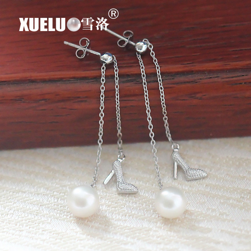 Fashion High Heels Design Natural Cultured Freshwater Round Pearl Earrings (XL140045)