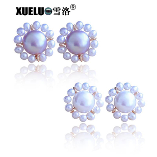 Fashion Sun Flower Shape Natural Cultured Freshwater Pearl Stud Earrings (XL140018)