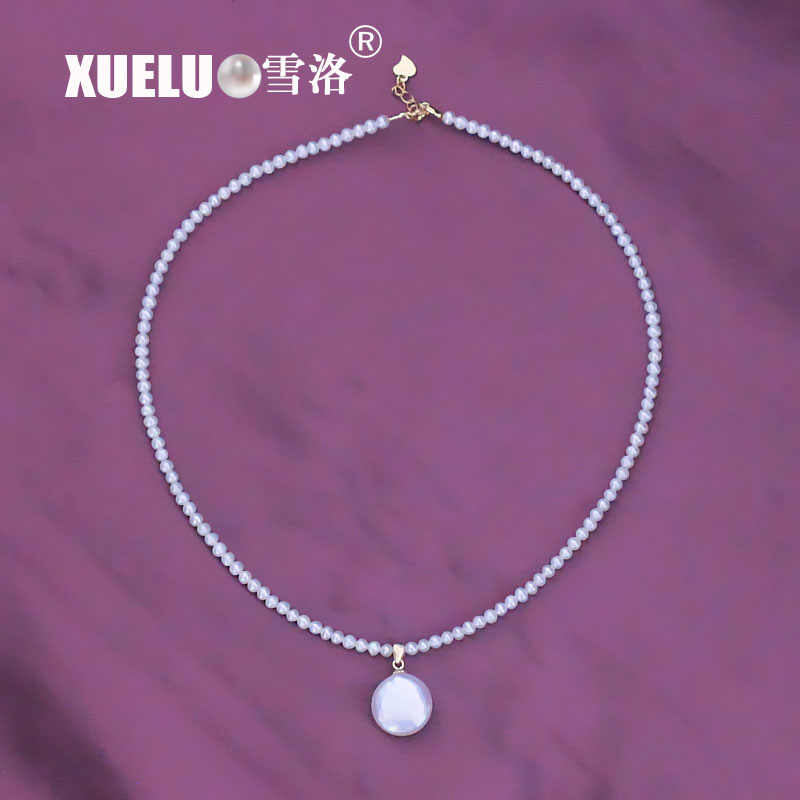Fashion Small Round Genuine Cultured Freshwater Pearl Necklace with Pendant (XL120059) 