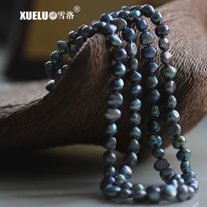 7-8mm AAA Quality Black Long Baroque Black Freshwater Pearl Necklace(XL120096)