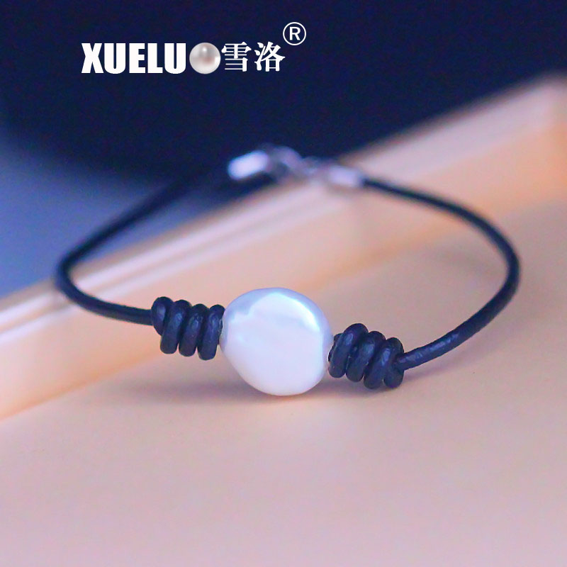 Real Leather Natural Cultured Freshwater Coin Pearl Bracelet for Wholesale (XL150120)