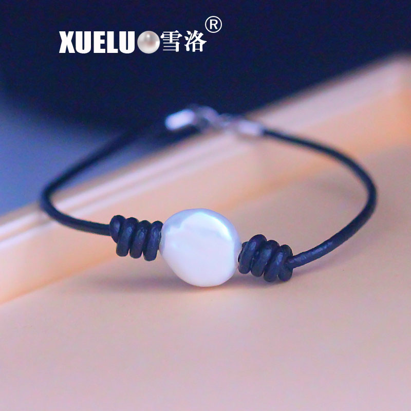 Real Leather Natural Cultured Freshwater Coin Pearl Bracelet for Wholesale (XL150120)