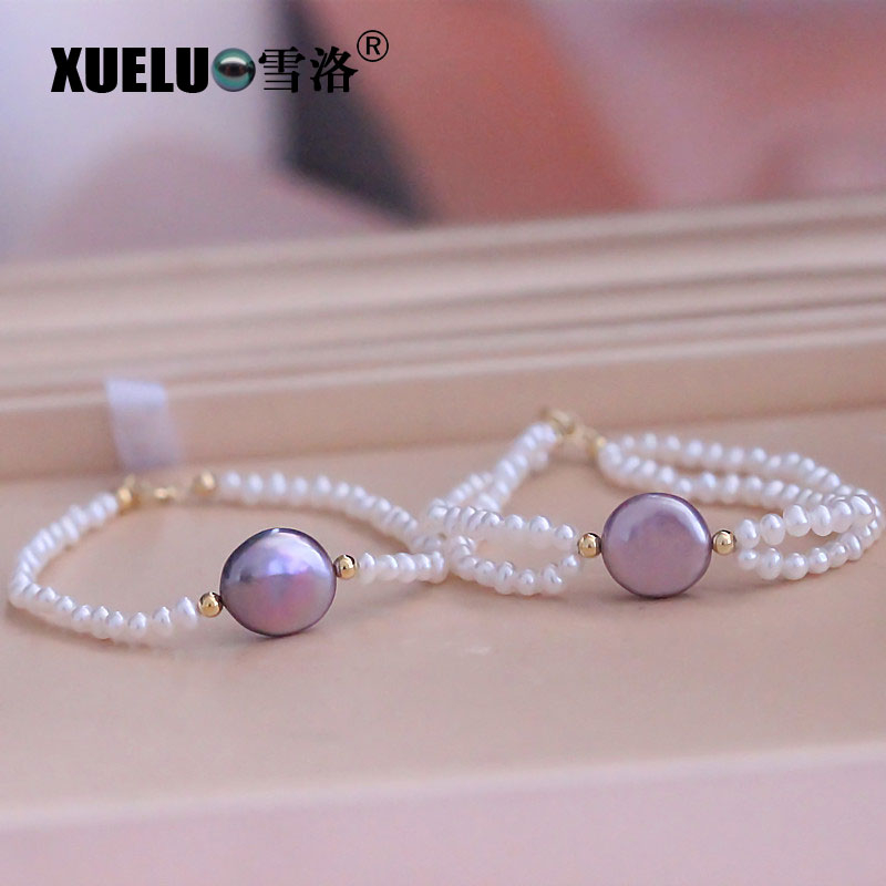 Gorgeous Double Strands Purple Coin Real Cultural Freshwater Pearl Bracelet(XL150130-D)