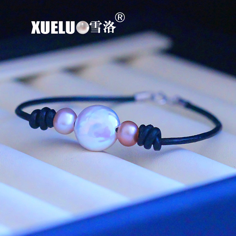 Fashion Leather Pearl Jewelry Coin Shape Cultured Natural Freshwater Pearl Bracelet Wholesale(XL150119)