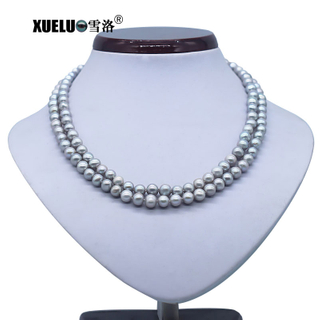 Double Strands Round Grey Natural Cultured Freshwater Pearl Necklace (XL120078)