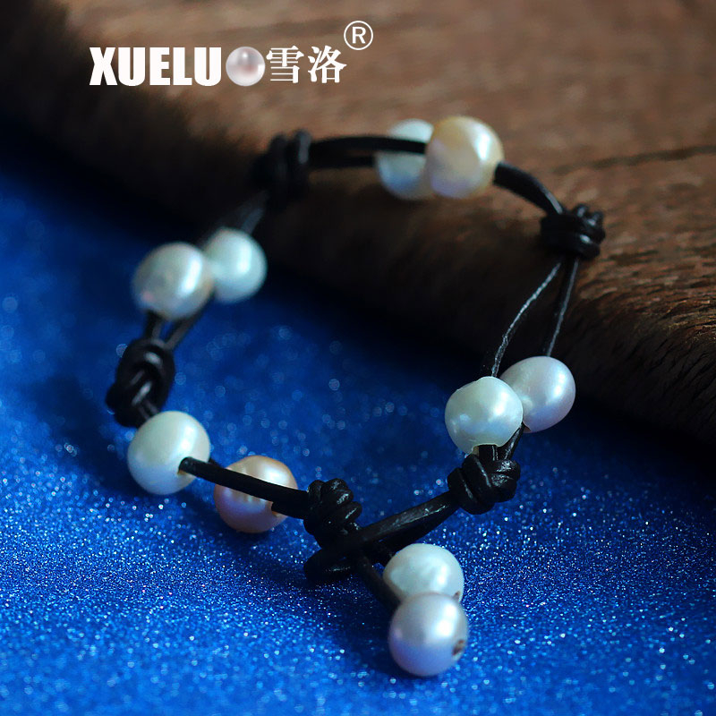 8-9 Leather Multicolor Baroque Chinese Cultured Freshwater Pearl Bracelet(XL150081)