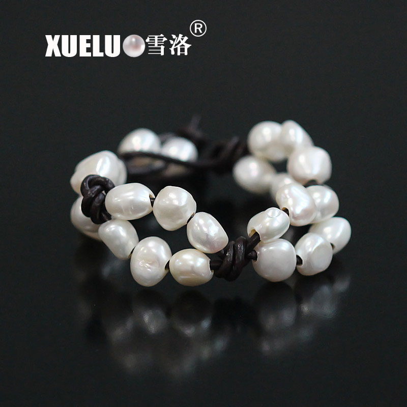 Leather White Baroque Chinese Cultured Freshwater Pearl Bracelet (XL150048)