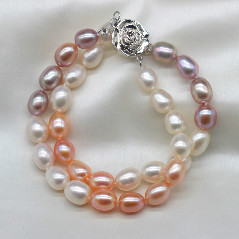 Double Strands Oval Natural Real Cultured Freshwater Pearl Bracelet(XL150141)