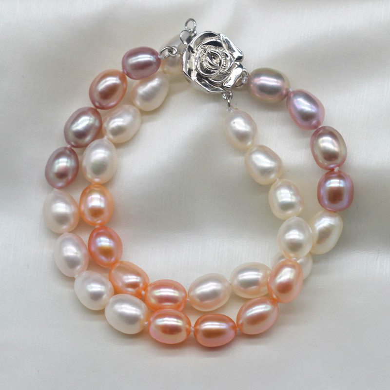 Double Strands Oval Natural Real Cultured Freshwater Pearl Bracelet(XL150141)