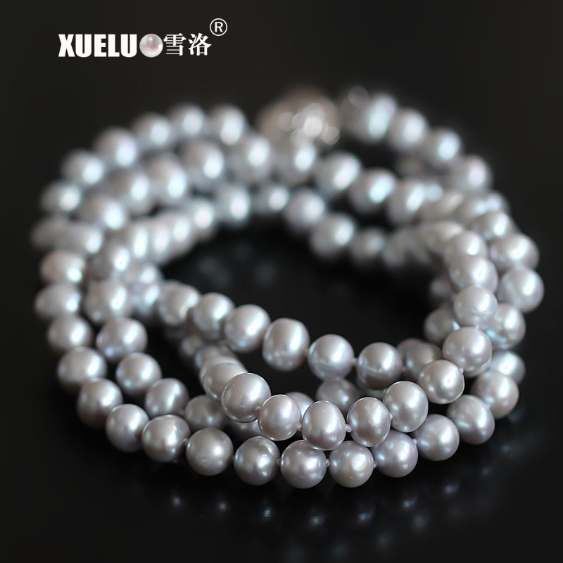  7-8mm Grey AA Quality Double Strands Freshwater Pearl Necklace(XL120090)