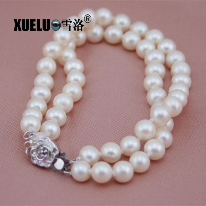 Double Strands Round Natural Real Cultured Freshwater Pearl Bracelet(XL150015)