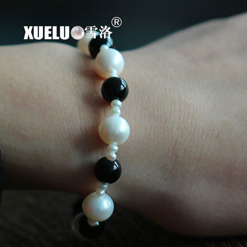 Stretch Round Natural Chinese Cultured Freshwater Pearl with Black Agate Bracelet (XL150056)
