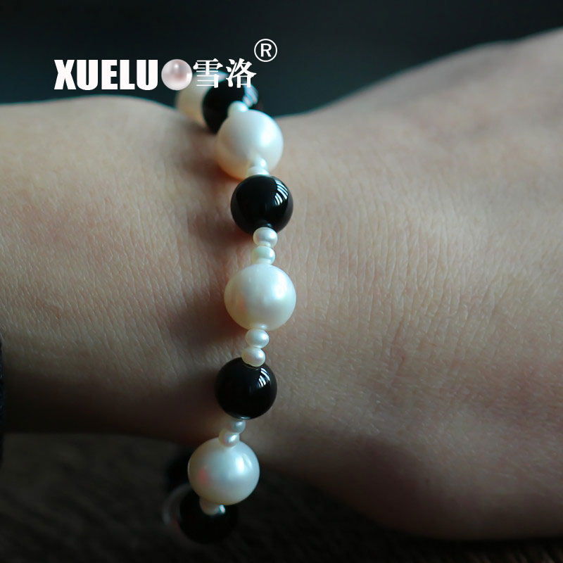 Stretch Round Natural Chinese Cultured Freshwater Pearl with Black Agate Bracelet (XL150056)