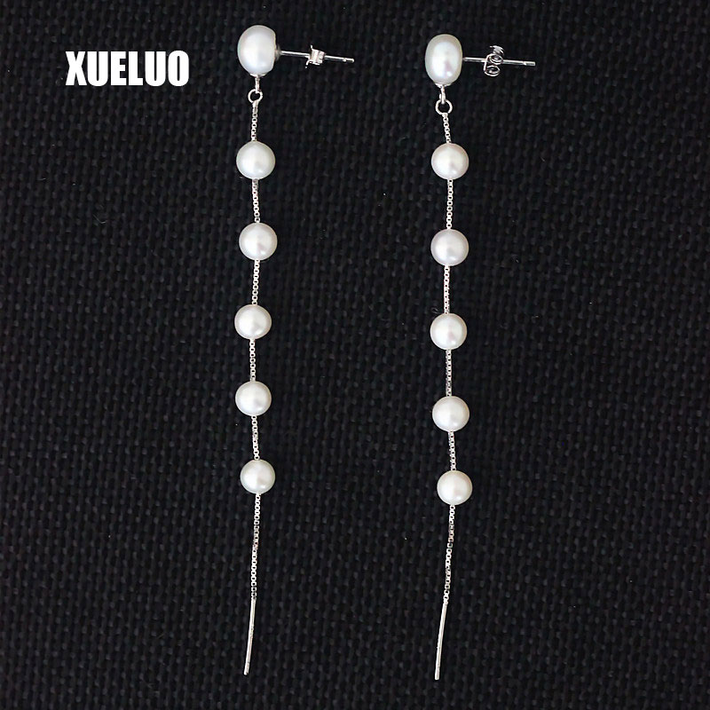 Fashion Long Line Small Round Cultured Freshwater Pearl Earrings (XL140068)