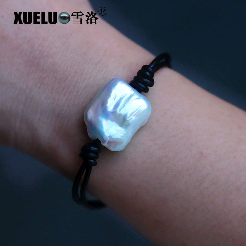 Real Leather Large Square Natural Cultured Freshwater Baroque Pearl Bracelet(XL150010)