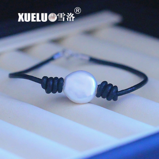 Real Leather Natural Cultured Freshwater Coin Pearl Bracelet for Wholesale (XL150120)