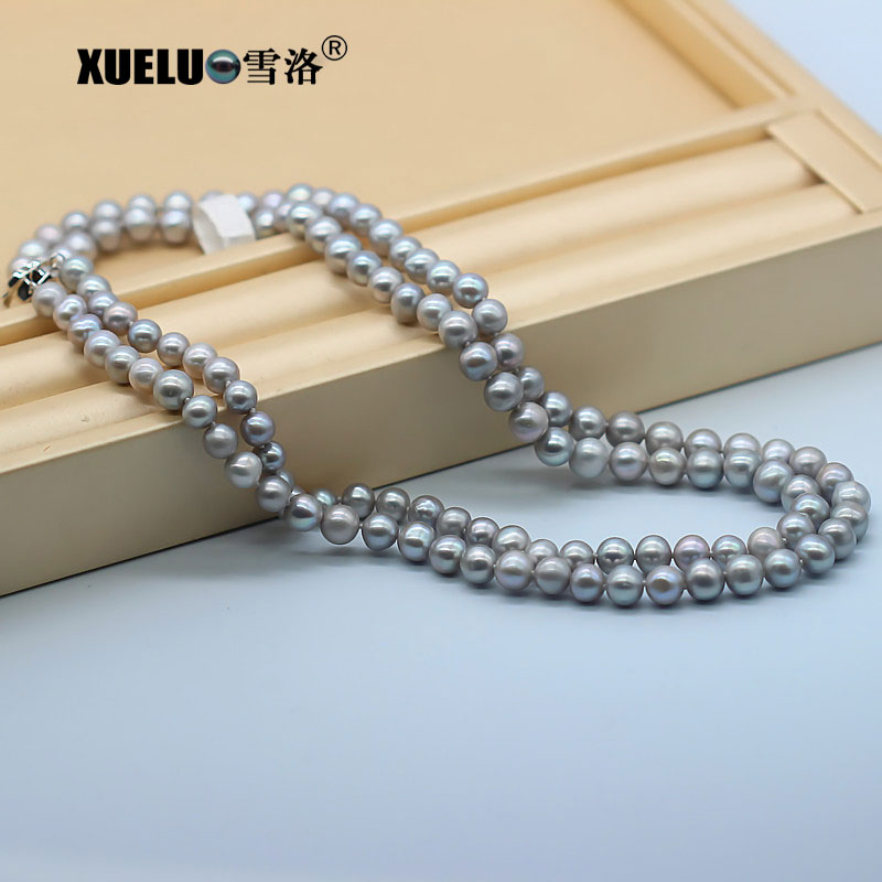 Double Strands Round Grey Natural Cultured Freshwater Pearl Necklace (XL120078)