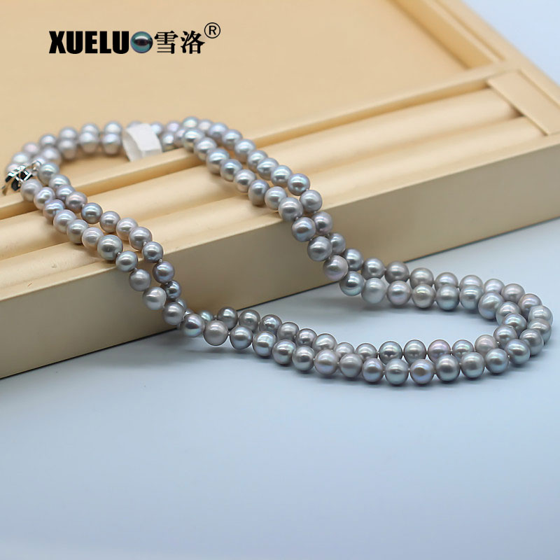 Double Strands Round Grey Natural Cultured Freshwater Pearl Necklace (XL120078)