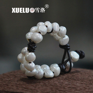 Leather White Baroque Chinese Cultured Freshwater Pearl Bracelet (XL150048)
