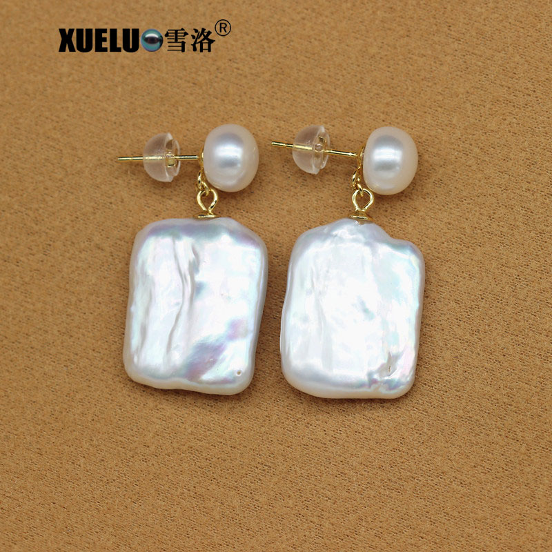 Fashion Pearl Jewelry Square Shape Chinese Cultured Freshwater Pearl Stud Earrings (XL140194)