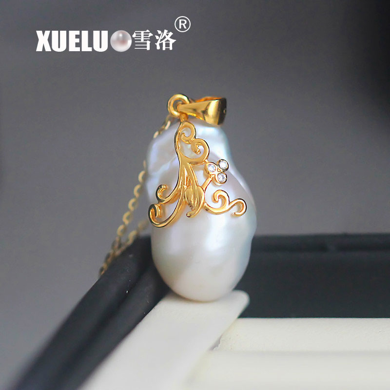 15-17mm Big Fashion Baroque 925 Sterling Gold Freshwater Pearl Pendant Necklace（XL120043-G)