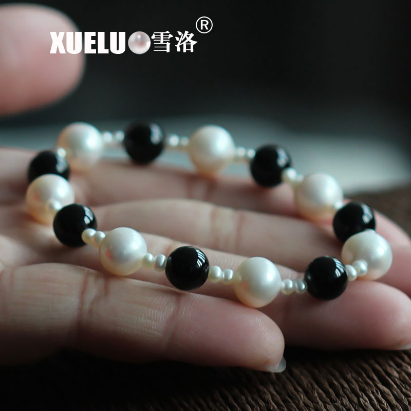 Stretch Round Natural Chinese Cultured Freshwater Pearl with Black Agate Bracelet (XL150056)