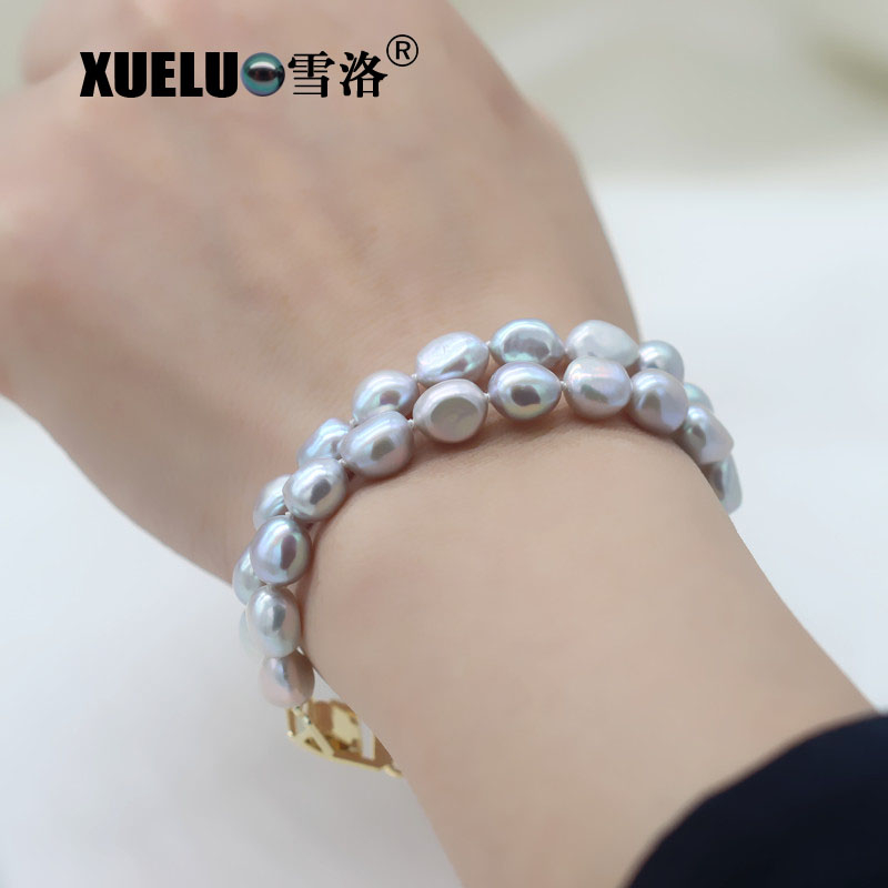 Double Strands Light Grey Baroque Genuine Cultured Freshwater Pearl Bracelet(XL150132)