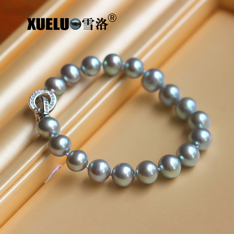 Fashion Natural Real Black Round Chinese Cultured Freshwater Pearl Bracelet (XL150107)