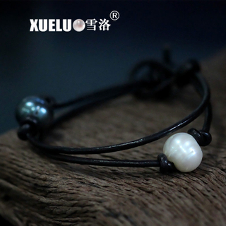 Leather Real Potato Round Chinese Cultured Freshwater Pearl Bracelet (XL150091)