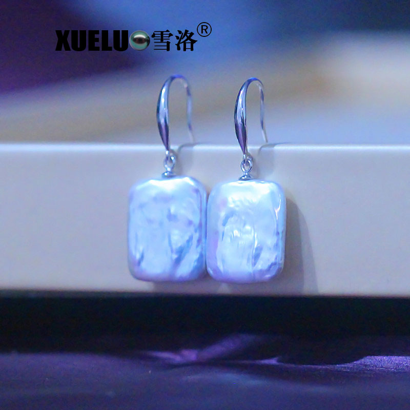 Sterling Silver Square Baroque Genuine Natural Cultured Freshwater Pearl Drop Earrings（XL140154）
