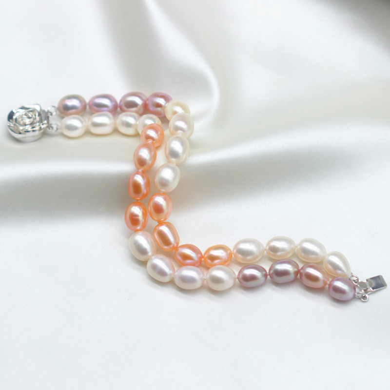 Double Strands Oval Natural Real Cultured Freshwater Pearl Bracelet(XL150141)