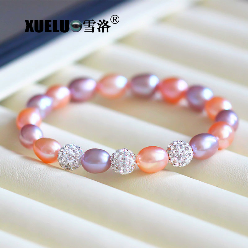 8-9mm Stretch Pink Oval Chinese Cultured Freshwater Pearl Bracelet (XL150115)