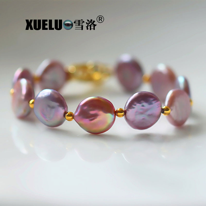Fashion Stretch Baroque Coin Shape Chinese Cultured Freshwater Pearl Bracelet (XL150113)