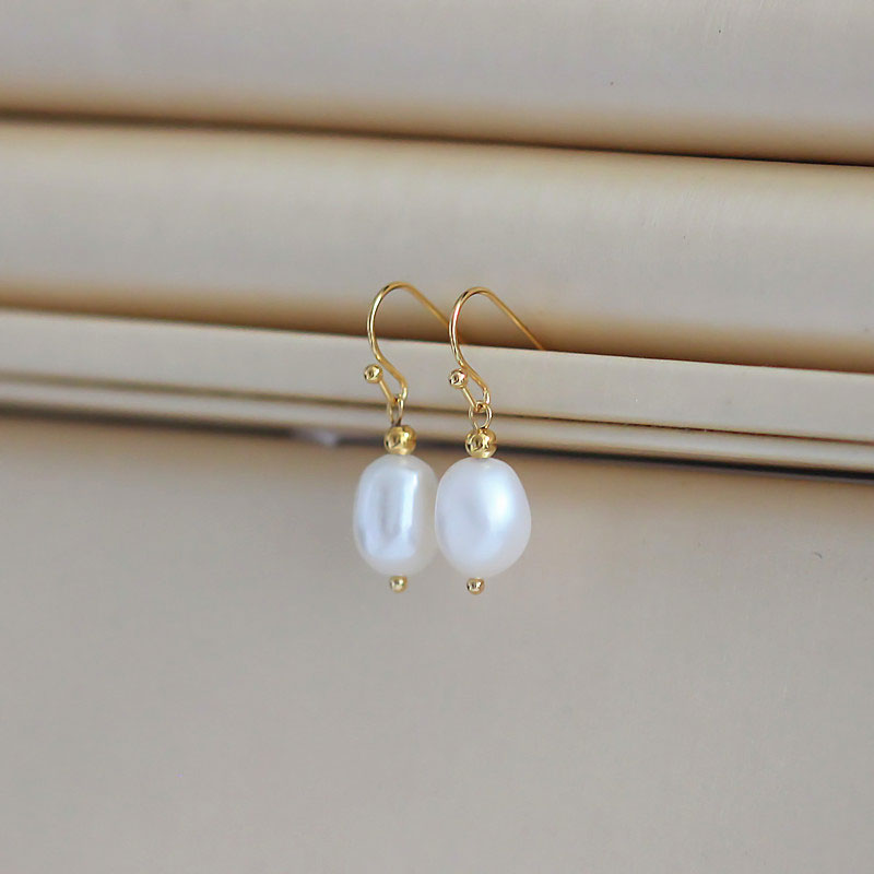 925 Sterling Silver White Baroque Freshwater Drop Pearl Earrings (XL140146)