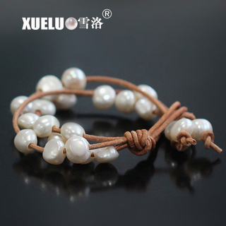 9-10mm Fashion Leather Baroque Chinese Cultured Freshwater Pearl Bracelet (XL150026)