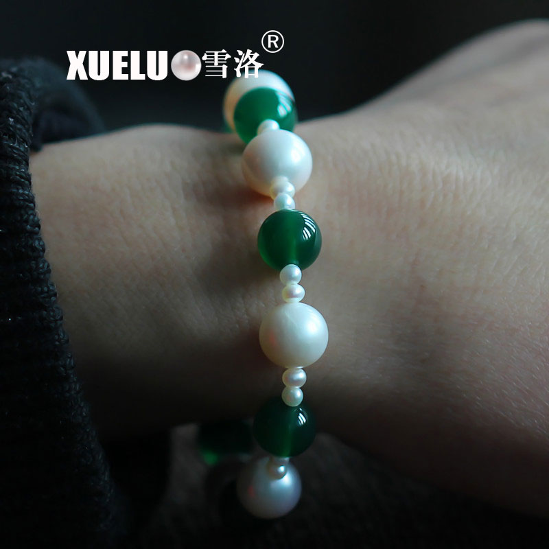 Stretch Round Natural Chinese Cultured Freshwater Pearl with Green Agate Bracelet (XL150058)