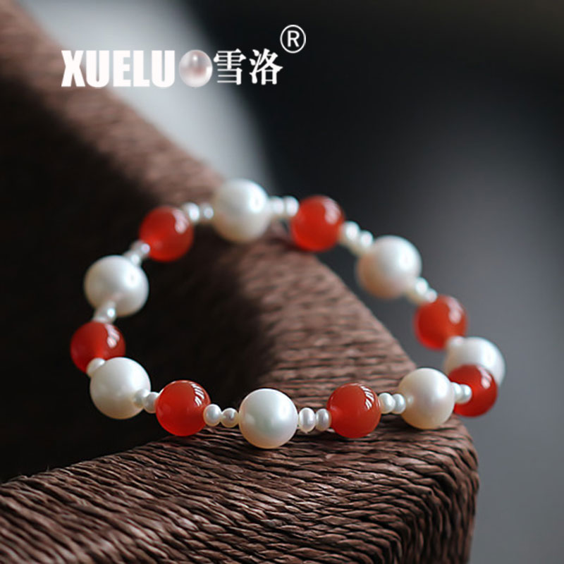 Stretch Round Natural Chinese Cultured Freshwater Pearl with Red Agate Bracelet (XL150057)