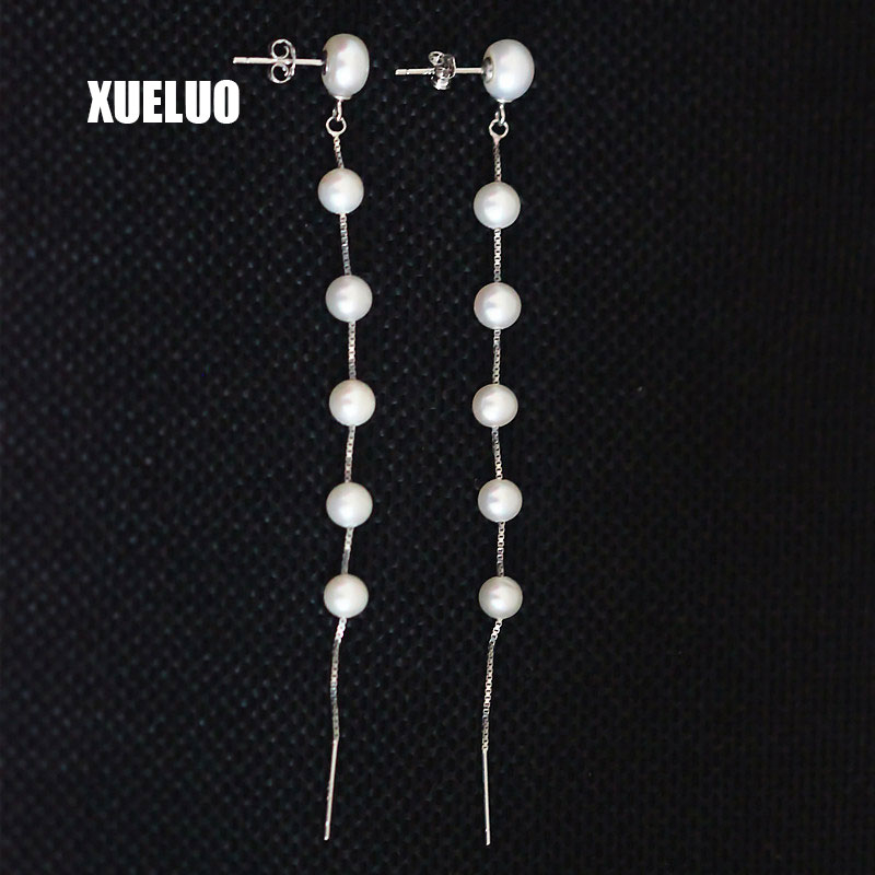 Fashion Long Line Small Round Cultured Freshwater Pearl Earrings (XL140068)