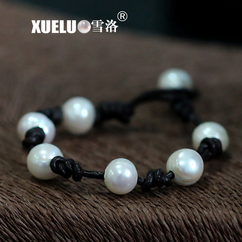 Leather White Potato Round Chinese Cultured Freshwater Pearl Bracelet (XL150086)